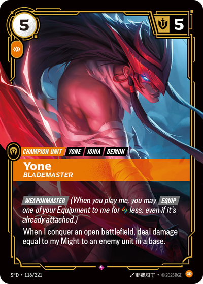 Riftbound Unit: Yone, Blademaster. [Weaponmaster] (When you play me, you may [Equip] one of your Equipment to me for [A] less, even if it's already attached.)
When I conquer an open battlefield, deal damage equal to my Might to an enemy unit in a base.