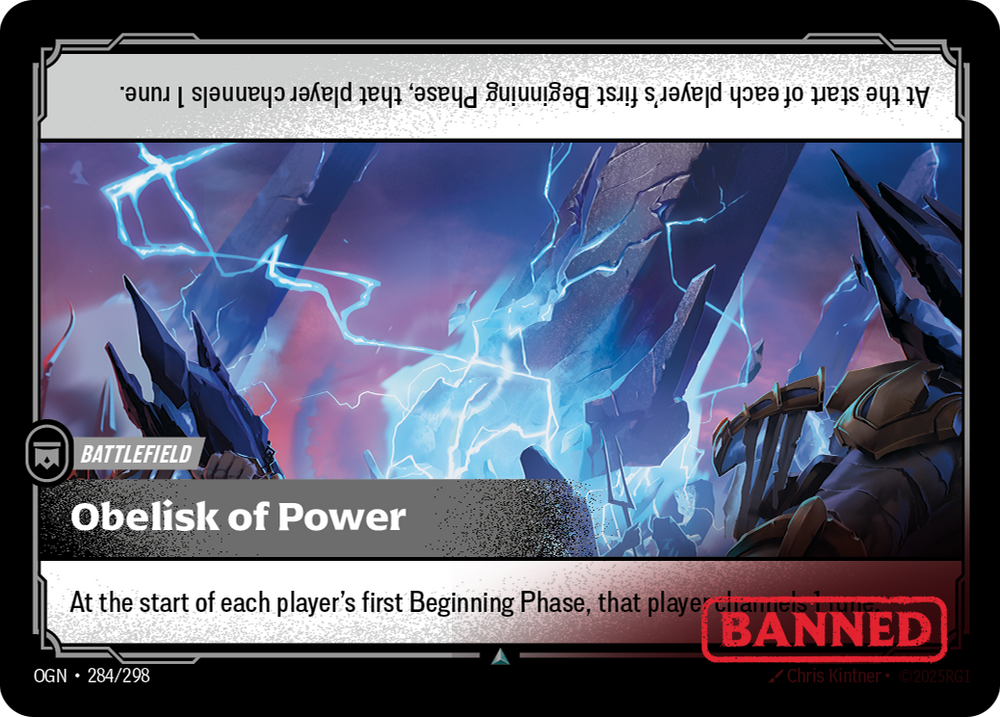 Riftbound Battlefield: Obelisk of Power. At the start of each player's first Beginning Phase, that player channels 1 rune.