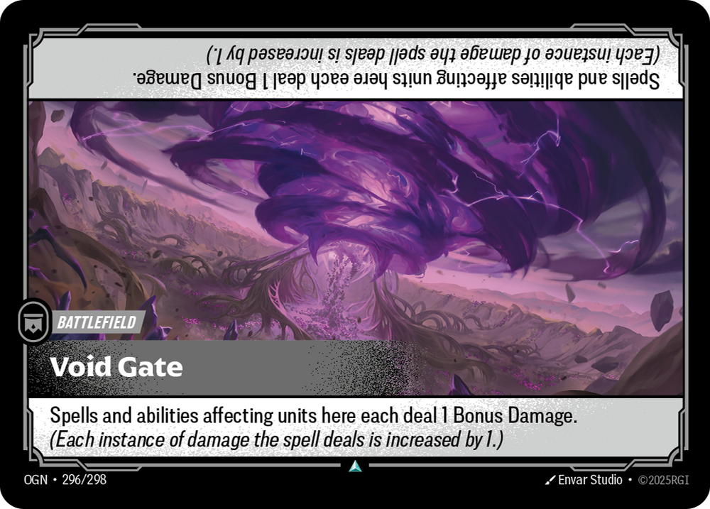 Riftbound Battlefield: Void Gate. Spells and abilities affecting units here each deal 1 Bonus Damage. (Each instance of damage the spell deals is increased by 1.)
