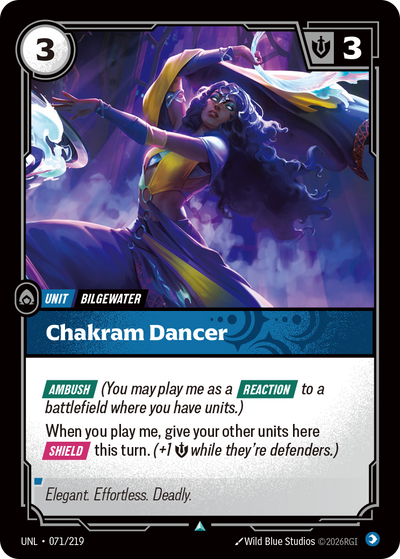 Riftbound Unit: Chakram Dancer. [Ambush] (You may play me as a [Reaction] to a battlefield where you have units.)
When you play me, give your other units here [Shield] this turn. (+1 [S] while they're defenders.)