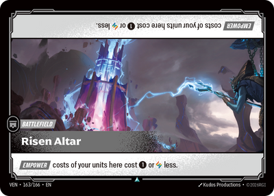 Riftbound Battlefield: Risen Altar. [Empower] costs of your units here cost [1] or [A] less.