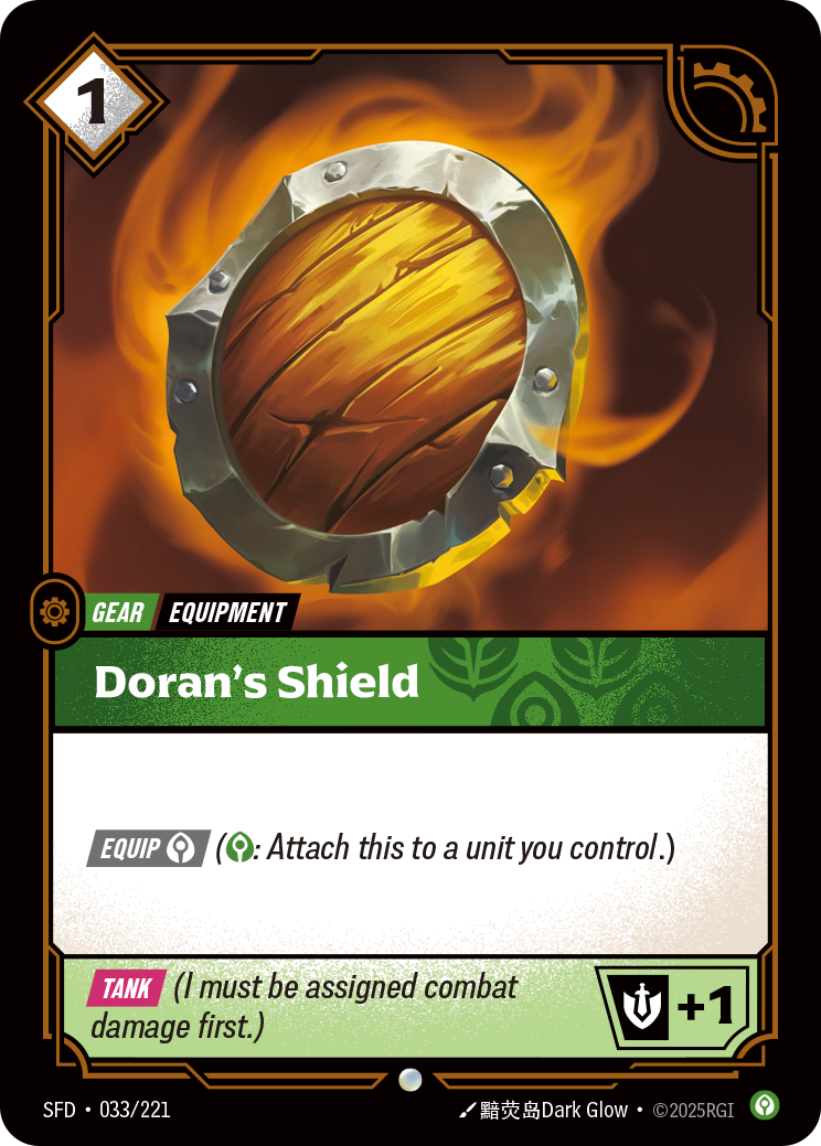 Riftbound Gear: Doran's Shield. [Equip] [C] ([C]: Attach this to a unit you control.)