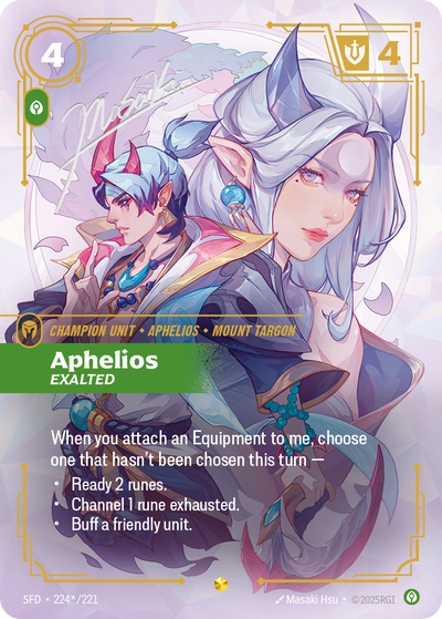 Riftbound Unit: Aphelios, Exalted. When you attach an Equipment to me, choose one that hasn't been chosen this turn —
- Ready 2 runes.
- Channel 1 rune exhausted.
- Buff a friendly unit.
