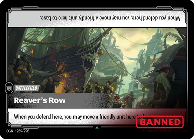 Riftbound Battlefield: Reaver's Row. When you defend here, you may move a friendly unit here to base.