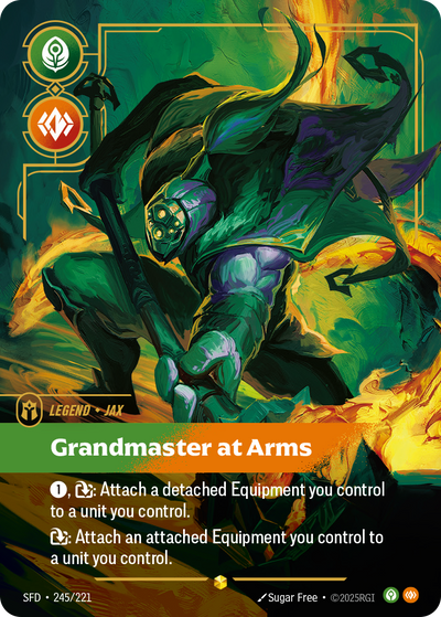 Riftbound Legend: Grandmaster at Arms. [1], [T]: Attach a detached Equipment you control to a unit you control.
[T]: Attach an attached Equipment you control to a unit you control.