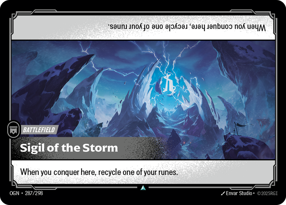 Riftbound Battlefield: Sigil of the Storm. When you conquer here, recycle one of your runes.