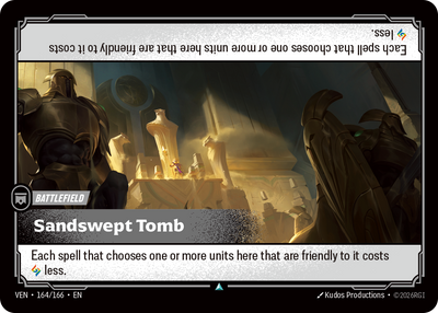 Riftbound Battlefield: Sandswept Tomb. Each spell that chooses one or more units here that are friendly to it costs [A] less.