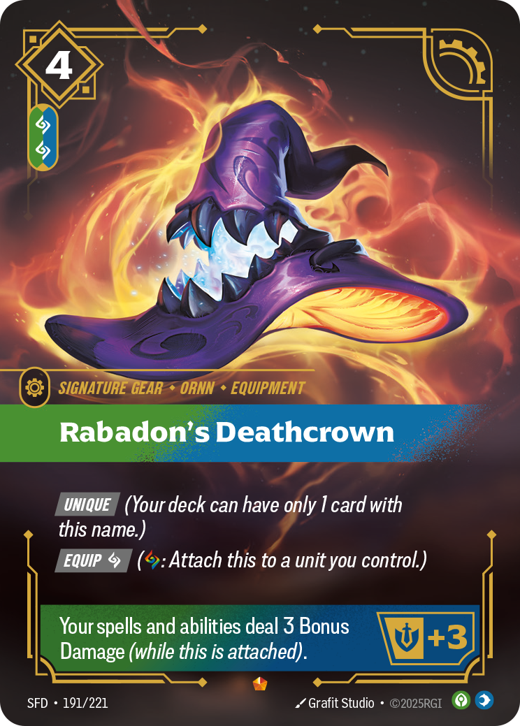Riftbound Gear: Rabadon's Deathcrown. [Unique] (Your deck can have only 1 card with this name.)
[Equip] [C] ([C]: Attach this to a unit you control.)